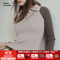 马登 MADEN复古灰棕拼接翻领针织衫女秋半开襟插肩袖撞色套头毛衣内搭打底衫 浅灰色 M