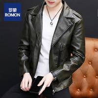 罗蒙(ROMON)皮衣男外套秋冬季韩版潮流帅气修身皮夹克机车服外套 军绿色 常规 L