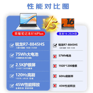 荣耀（HONOR）MagicBook X16/X16Plus 锐龙酷睿长续航智慧互联笔记本电脑轻薄商务办公高清游戏本 【权益大礼包】X16PLUS 2.5K护眼屏 32G+1TB 标配