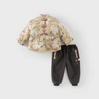 长裤套装2024冬装男童新年中国风汉服加绒棉衣两件套