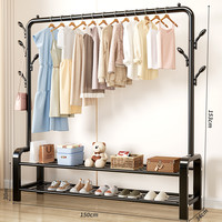 星优晾衣架家用卧室室内衣架挂杆简易折叠凉晒衣服架子落地晾衣杆 150cm 黑色七钩-双层置物网【加粗加厚 超强承重】