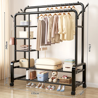 星优晾衣架家用卧室室内衣架挂杆简易折叠凉晒衣服架子落地晾衣杆 135cm 黑色双杆带轮-双层置物网加侧架【升级加粗加厚】