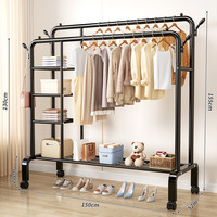 星优晾衣架家用卧室室内衣架挂杆简易折叠凉晒衣服架子落地晾衣杆 150cm 黑色双杆带轮-单层置物网加侧架【升级加粗加厚】