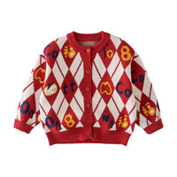 棉花堂（cottontown）棉花堂男童开衫毛衣秋冬2025拜年衣服儿童红色菱形格针织外套 喜气洋洋 130/64