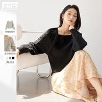 2024秋装法式优雅方领假两件插肩袖绞花针织衫女式宽松毛衣