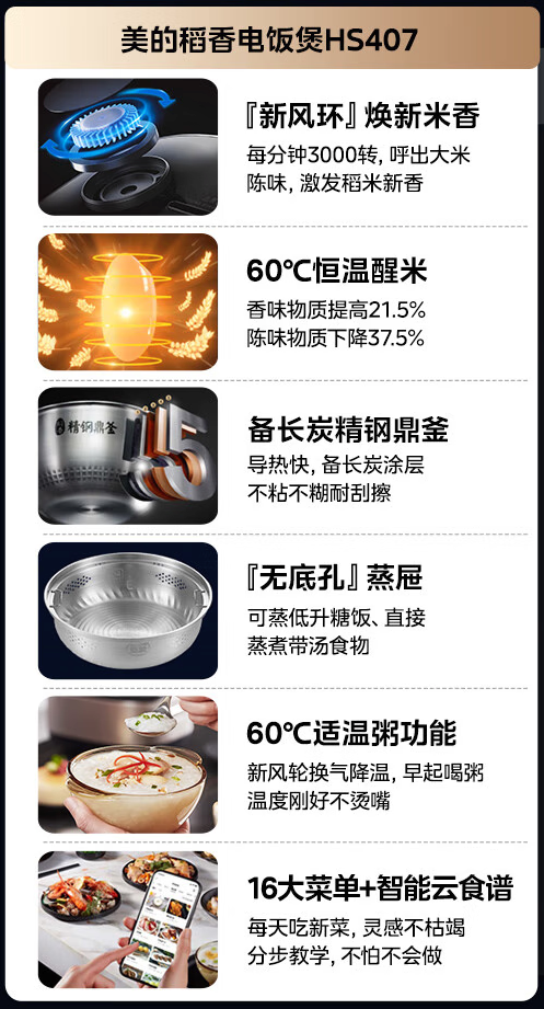 移动端、京东百亿补贴：Midea 美的 风动稻香系列 MB-HS407 电饭煲 4L 雅士金