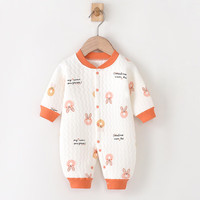 婧麒（JOYNCLEON）满月男女宝宝衣服新生婴儿纯棉连体衣秋冬款保暖夹棉睡衣冬装 橘色满印兔子连体保暖 59cm