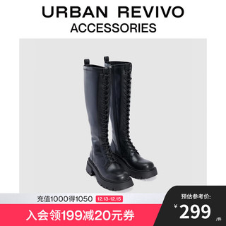 URBAN REVIVO 2024秋季女士系带学院百搭长靴UAWS40170 正黑 37