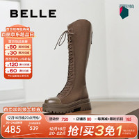 BeLLE 百丽 时尚绑带弹力靴女2024冬季新厚底增高小V口长靴B2241DG4 棕色-绒面 35