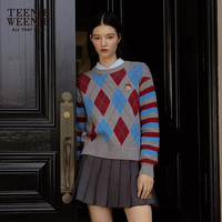 Teenie Weenie小熊卡通格纹毛衣女秋冬女毛衫圆领套头内搭