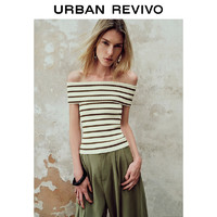 URBAN REVIVO UR2024秋季女装气质一字肩撞色条纹坑纹针织衫UWM940001 白色条纹 XS