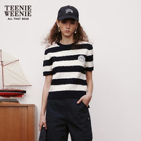 Teenie Weenie小熊春装圆领绞花条纹针织短袖上衣女 藏青色 165/M