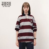 Teenie Weenie小熊加绒卫衣女秋冬polo领宽条纹卫衣复古学院风时尚 酒红色 170/L