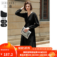 三彩2024秋季高腰气质小黑裙V领中长款纯色连衣裙显瘦女 黑色 160/84A/M