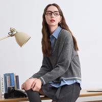 【假两件毛衫】2024冬季减龄学院风撞色假两件女式毛衣