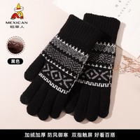 稻草人手套女士秋冬季保暖加绒加厚针织毛线防风防寒触屏冬天骑行骑车男 黑色 均码