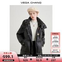 VEGA CHANG 连帽羽绒外套女中长款2024冬白鸭绒哑光皮面包服羽绒服  黑色中长款（寒冬区域） S