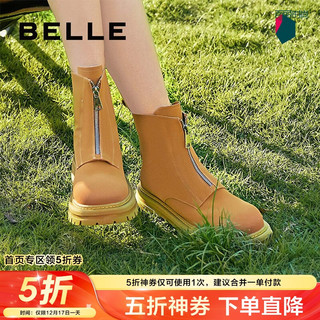 BeLLE 百丽 擦色鞋头工装靴 女 时髦拉链短靴B0986DD2 棕色 36