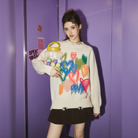 UNIFREE冬款慵懒风休闲减龄彩色爱心宽松圆领套头针织衫 杏色 均 码