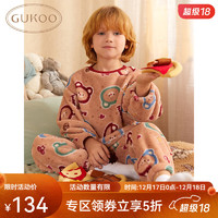 GUKOO 果壳 男童睡衣冬季新款儿童圆领卡通毛绒保暖家居服套装可外穿D 奶茶棕男童套装 150cm