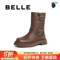 百丽复古朋克风休闲靴女23冬潮酷牛皮短筒靴B1618DZ3