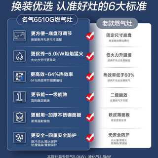 名气老板燃气灶天然气厨房嵌入式家用5.0KW大火力猛火灶煤气灶双灶台式可调节底盘 不锈钢灶具 天然气 不锈钢猛火灶A6510G