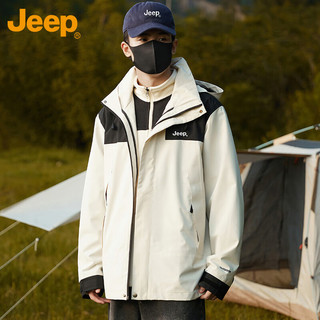 Jeep 吉普 冲锋夹克男女情侣外套秋冬季三合一潮流山系衣服 象牙白男款 2XL