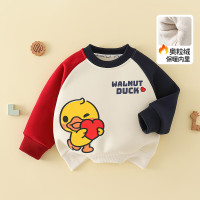 WALNUT DUCK 小黄鸭2024冬季加绒卫衣男女宝宝可爱印花休闲上衣中小童保暖卫衣 米白色小鸭撞色加绒卫衣 140