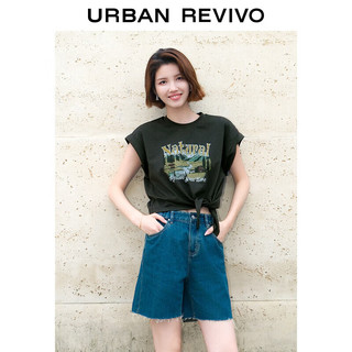 URBAN REVIVO UR2024夏季新款女装时尚复古印花开衩圆领短袖T恤衫UWL440160