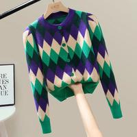 【复古圆领单排扣毛衣】秋冬新女士时尚撞色菱格短款长袖针织开衫
