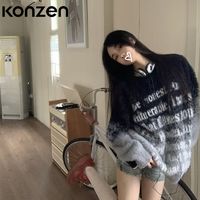 KONZEN 慵懒风宽松渐变字母圆领秋冬季毛衣男女同款针织衫线衣外套