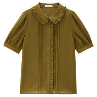 佐丹奴衬衫女复古甜美风荷叶边设计感薄款衬衣女短袖18344911 S