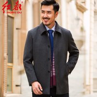 红都中老年男士羊毛呢大衣加厚夹棉短款男装外套父亲装呢子大衣 175/92A/L