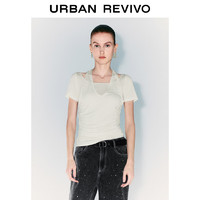 URBAN REVIVO UR2024秋季女装时髦挂脖式假两件褶皱短袖T恤UWG440153 本白 S