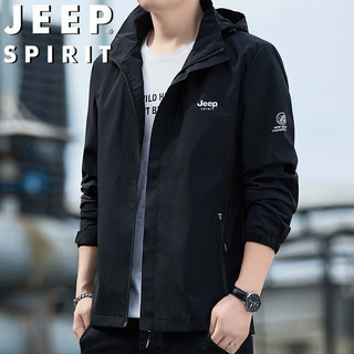 JEEP SPIRIT 吉普夹克男春秋季外套连帽百搭休闲户外运动冲锋衣男装 黑色 XL  XL-（125斤-140斤）