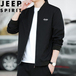 JEEP SPIRIT 吉普夹克男外套春秋季棒球服立领纯色宽松时尚上衣 黑色 4XL