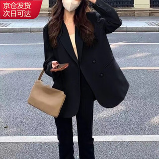 确彤 小西装外套女2024早春秋女小个子高级感炸街新款韩版休闲西服上衣 黑色 XL130斤左右