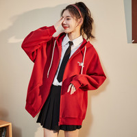 唐狮卫衣外套女秋季上衣连帽overize红色开衫卫衣潮in