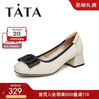 TATA 他她 甜美简约浅口鞋粗跟单鞋职业工作鞋女秋X8MA1AQ3 米白/黑（TATA扣） 35