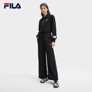 FILA 斐乐女士针织长裤2024秋季时尚简约休闲宽松阔腿裤 正黑色-BK M