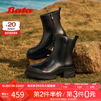 Bata 拔佳 时装靴女2024冬季商场百搭牛皮通勤粗跟短筒靴UKI02DZ4 黑色-单里 35