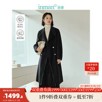 茵曼（INMAN）羊毛双面呢大衣2023冬季女装新款翻驳领长袖外套 午夜黑