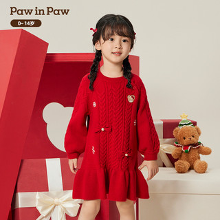 Paw in Paw PawinPaw卡通小熊童装24年冬新款女童红色毛织连衣裙