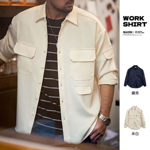 马登 工装美式休闲廓形抗皱免烫长袖衬衫宽松翻领口袋衬衣外套男秋