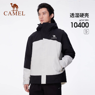 骆驼（CAMEL）户外夹棉冲锋衣AK80硬壳防水棉服外套2024加厚登山服 A14CF09733，暖白/幻影黑，男 XXXL