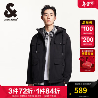 杰克琼斯 杰克·琼斯（JACK&JONES）男装秋冬男士棉服宽松连帽多口袋工装风拉链厚外套男款保暖棉衣 黑色E40 185/104A/XL