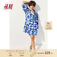 H&M 女装连衣裙2024夏季时尚休闲V形领抽绳设计宽松短裙1212592 亮蓝色/图案 170/116 XL