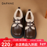 DAPHNE 达芙妮 加绒乐福鞋女冬羊羔毛毛鞋女棉鞋雪地靴复古百搭小皮鞋 棕色 37