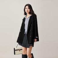 秋冬韩版简约翻领双排扣常规长度毛呢外套