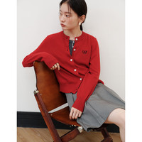 自巧小个子红色学院风复古羊毛针织衫女2024秋季气质外搭开衫 茶花红 4